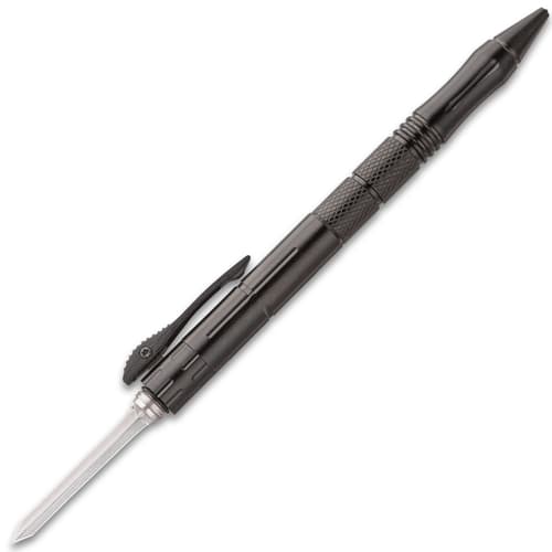 Black OTF Tactical Pen - Stainless Steel Blade, Metal Alloy Construction, Safety Feature, Pocket Clip - Length 6”