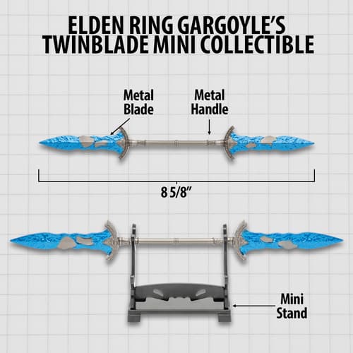 Dimension shot of twinblade and included display stand.