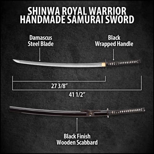 Shinwa samurai sword with direct view of faux ray skin handle wrapped with black cord attached to a wing design tsuba