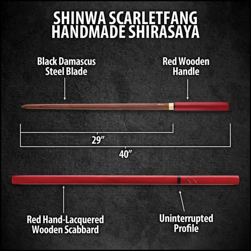 Shinwa ScarletFang Handmade Shirasaya / Samurai Sword - Double-Edged Blade; Exclusive Hand Forged Black Damascus Steel; Red Hand Lacquered Hardwood - Functional, Battle Ready, Ninja Sleek - Full Tang