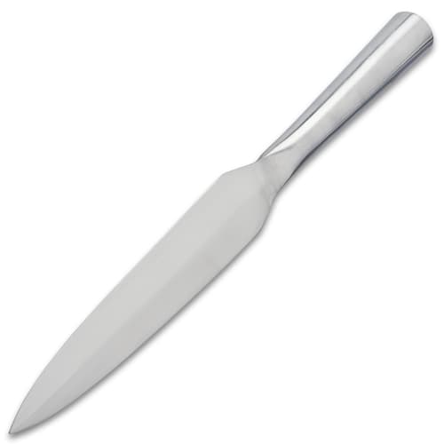 The display-edged, 14 1/2” cast high carbon iron spear head is 1 3/4” at its widest and has a mirror polished finish