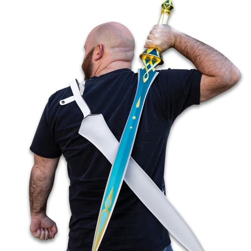 A person wearing the scabbard on their back with the sword pulled.