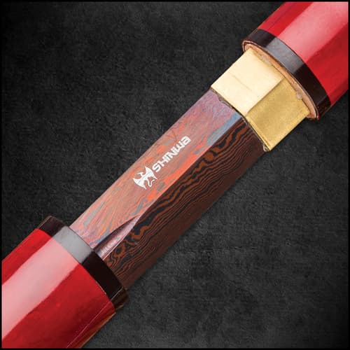 Shinwa ScarletFang Handmade Shirasaya / Samurai Sword - Double-Edged Blade; Exclusive Hand Forged Black Damascus Steel; Red Hand Lacquered Hardwood - Functional, Battle Ready, Ninja Sleek - Full Tang