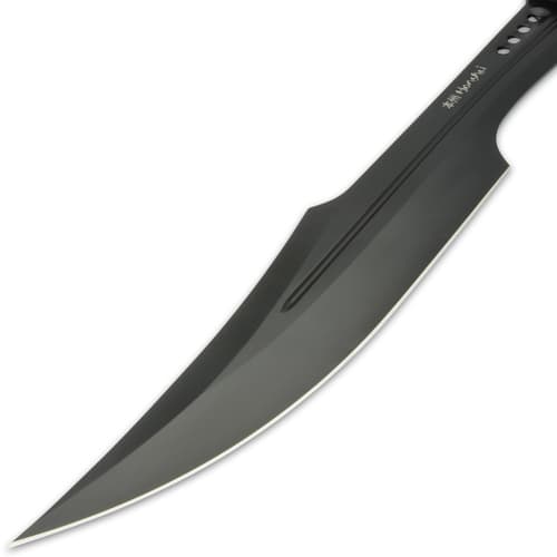 It has a full-tang, 16 1/2” black 7Cr13 stainless steel blade, which features a blood groove and weight-reducing thru-holes in the spine