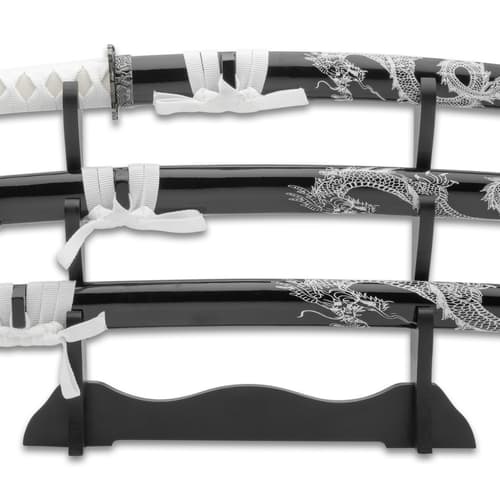 Ghost Katana 3-Piece Carbon Steel Sword Set with Display Stand