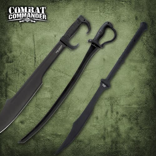 Three black tactical swords on a textured green background