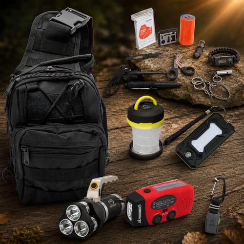 Black backpack with various survival tools on a wooden surface