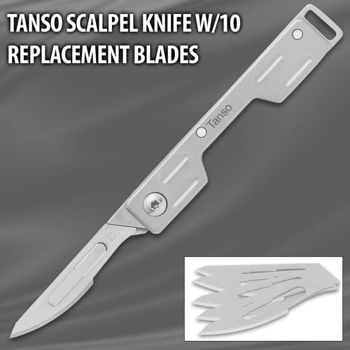Tanso scalpel knife with 10 replacement blades on gray background