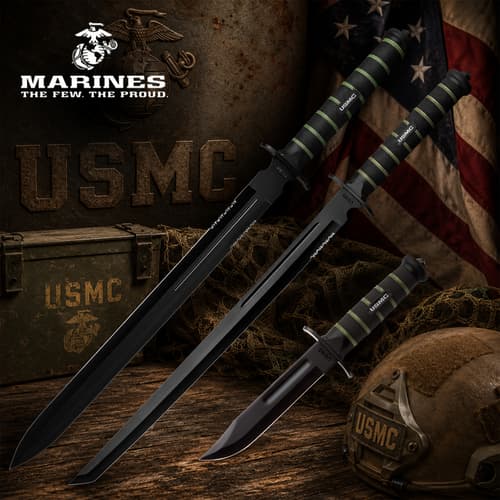 USMC-themed knives and helmet with flag background
