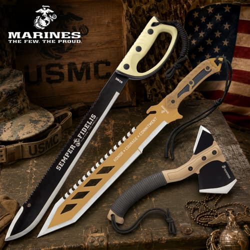 Marine-themed machetes and axe on military gear