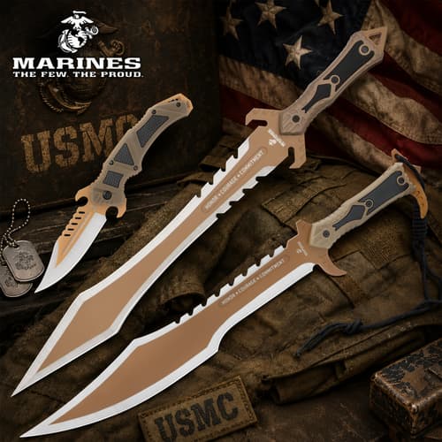 Three tactical knives on USMC gear with flag background