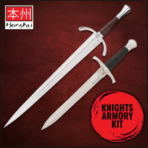 Two Honshu swords on red background with Knights Armory Kit text