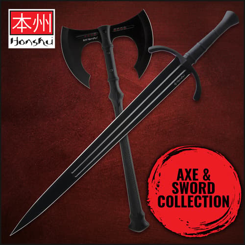 Black axe and sword on red background with text 'Axe & Sword Collection'