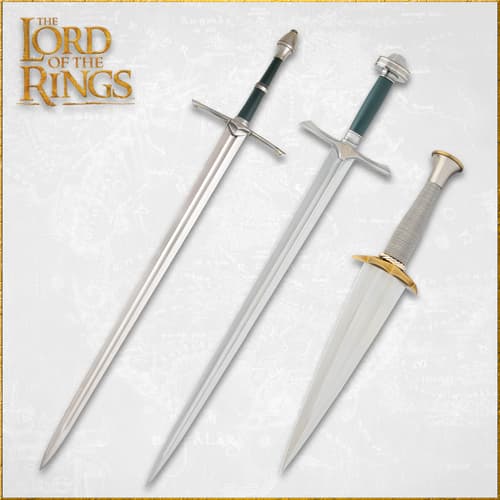 Three swords from The Lord of the Rings on a map background