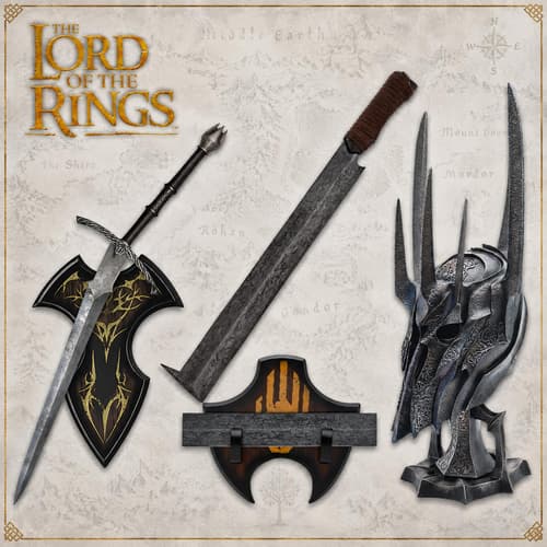Collection of fantasy weapons and helmets with intricate designs