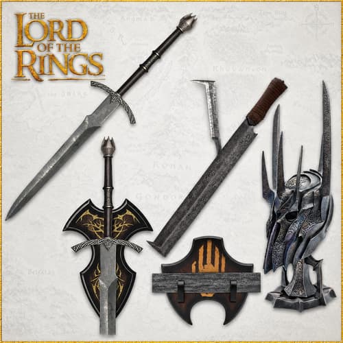 Collection of fantasy weapons and helmets with intricate designs