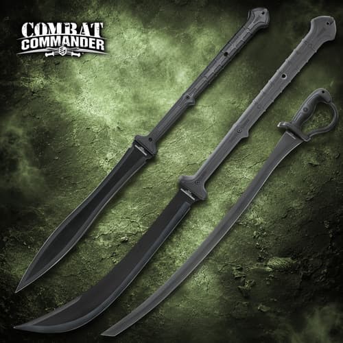 Three black swords with textured handles on a green background