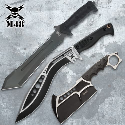 Three tactical knives with black handles on a textured background