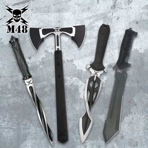 Four tactical weapons on a textured background