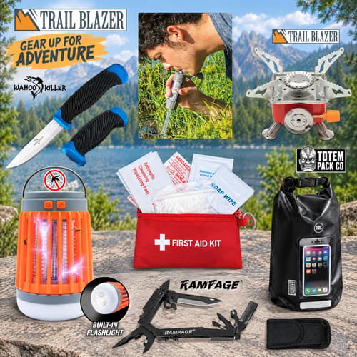 Outdoor adventure gear including knife, stove, lantern, first aid kit, and water filter by a lake