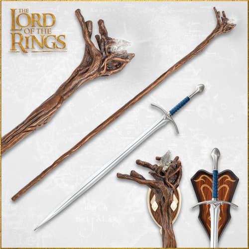 Wooden staff and sword with plaques on a map background