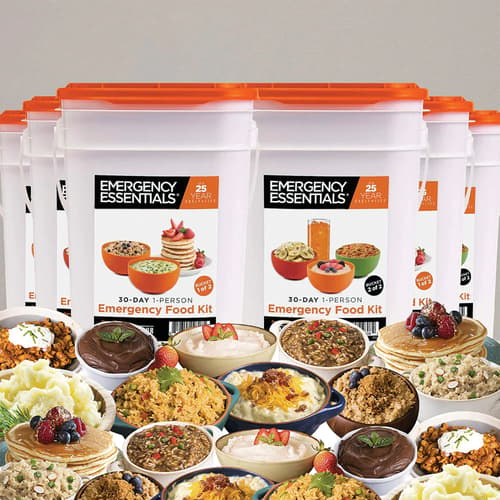 Several buckets of Emergency Essentials 3-Month Emergency Food Kits are shown with several images of meals placed in the foreground.