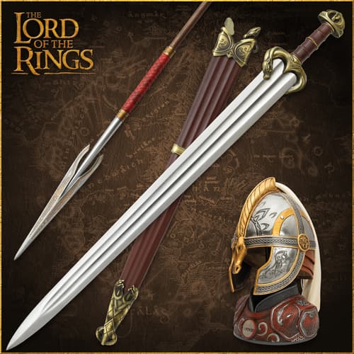 Sword, spear, and helmet on a map background