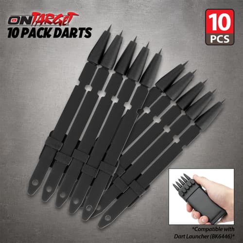 Ten black On Target darts fanned out on gray, with an inset showing a compatible handheld launcher