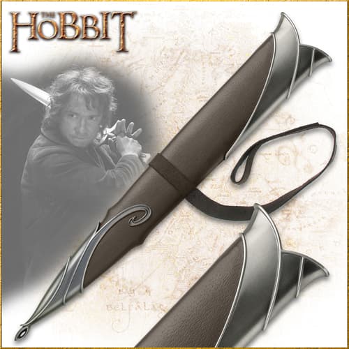 Brown Sting scabbard with ornate silver-tone fittings and belt strap, alongside Hobbit artwork and a close-up
