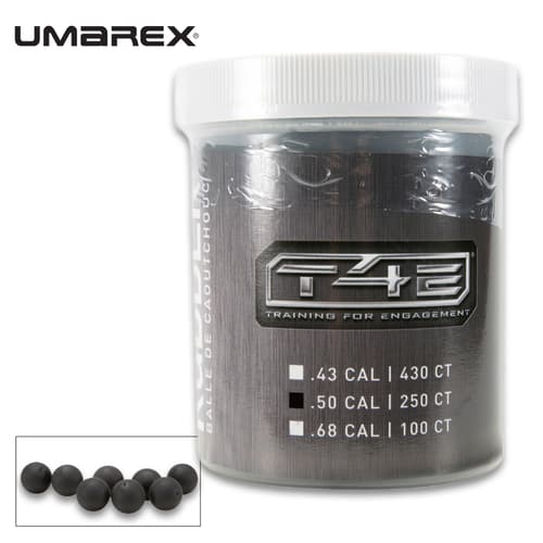 Container of T4E rubber training balls with caliber options