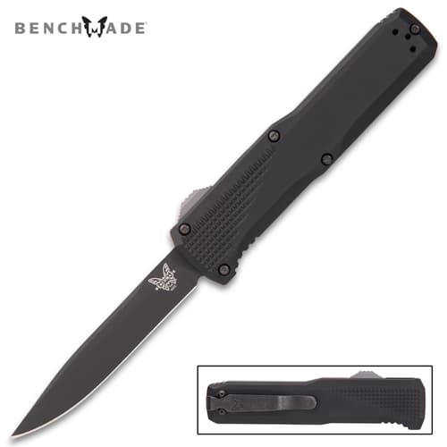 Black pocket knife with carbon coated blade and black aluminum handle. Top left corner "Benchmade."