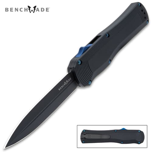 The Benchmade Black Autocrat Automatic OTF Dagger has a double-edged CPM-S30V stainless steel dagger blade