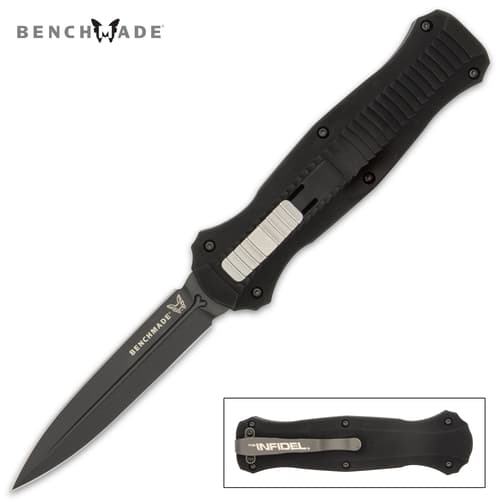 Benchmade infidel OTF pocket knife with an all-black finish, sliding trigger button, and pocket clip.