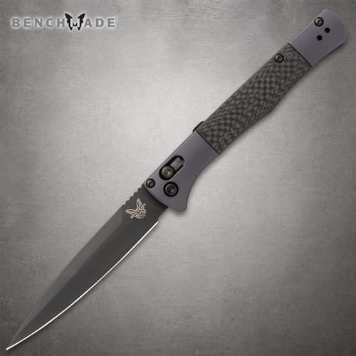 Sleek black folding knife with textured handle