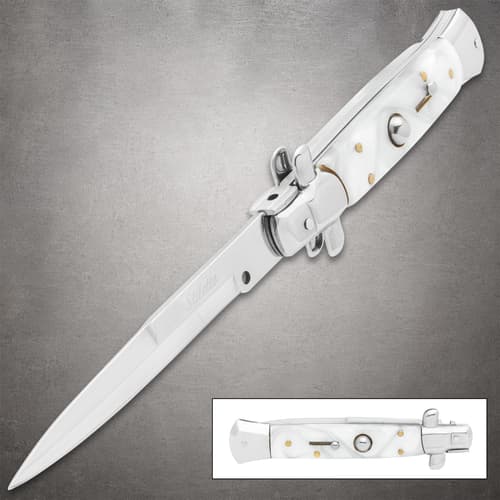 White pearl stiletto knife with stainless steel blade