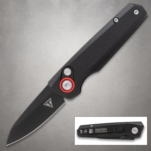 Black folding knife with button lock and clip