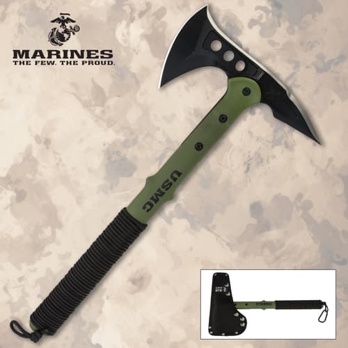 USMC tactical tomahawk with green handle and black blade