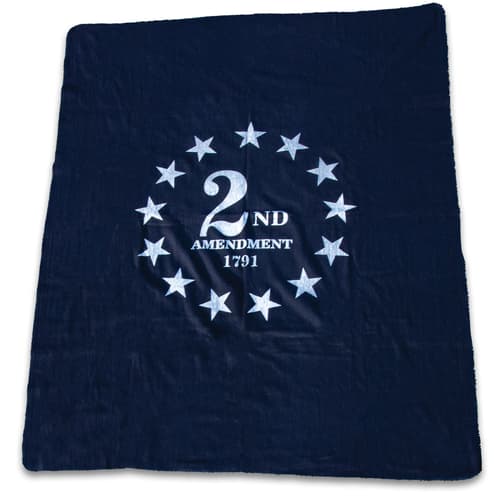 The Second Amendment Wool Blanket is 50% wool and 50% synthetic fiber in a dark Navy blue.