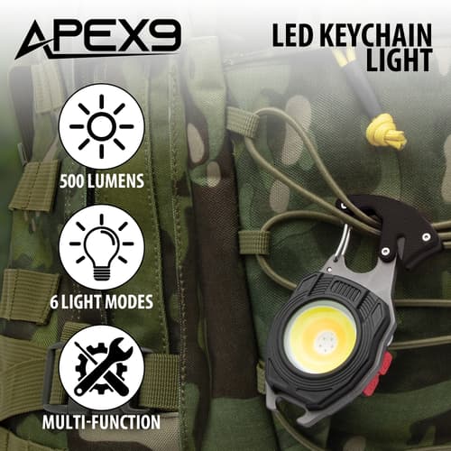 The different features of the Apex9 LED Rechargeable Keychain Light