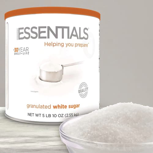 The Emergency Essentials White Sugar in a can and in a bowl