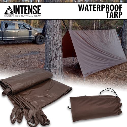 The Intense Waterproof Tarp shown in use and with its carrying bag