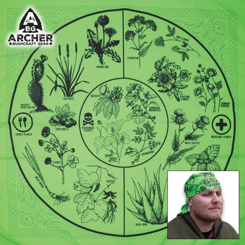 Full image of the Archer Bushcraft Survival Plant Guide Bandana.