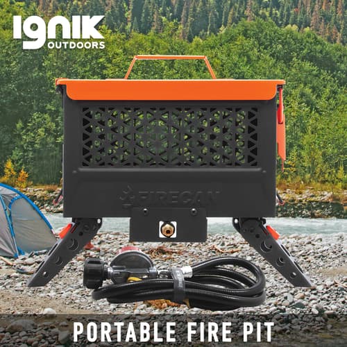 The FireCan Portable Fire Pit shown with its hose