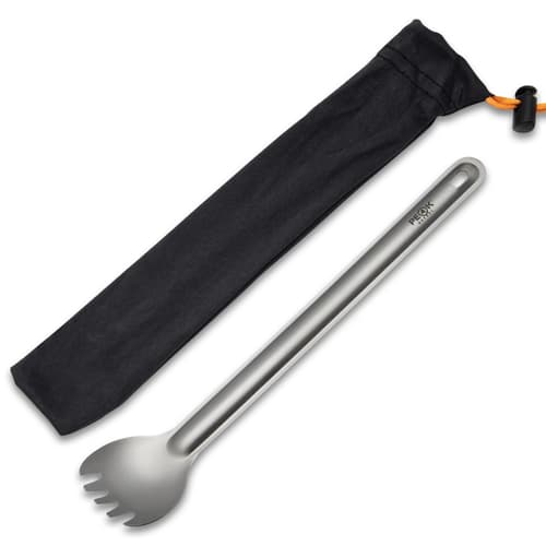 Peak Refuel Titanium Spork shown with its storage pouch