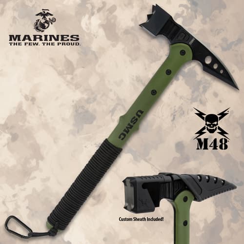 USMC tactical war hammer with green handle and black blade