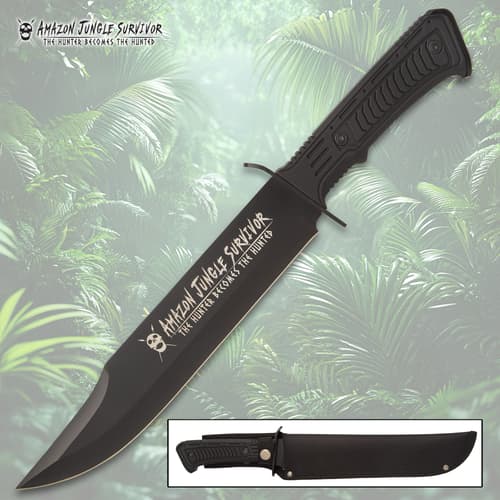 Black survival knife with jungle background