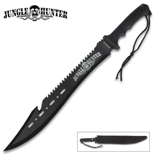 Black Legion Jungle Hunter Machete With Nylon Sheath And Lanyard - Sawback Blade Spine, Nonreflective Black Coating - 25" Length