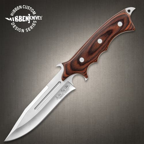 United Cutlery Hibben Legacy Combat Fighter Knife II With Leather Sheath - 7Cr17 Stainless Steel Blade, Brown Pakkawood Handle, Trigger Finger Grip