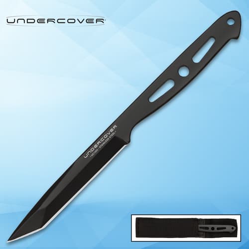 Black stainless steel knife with sheath on blue background