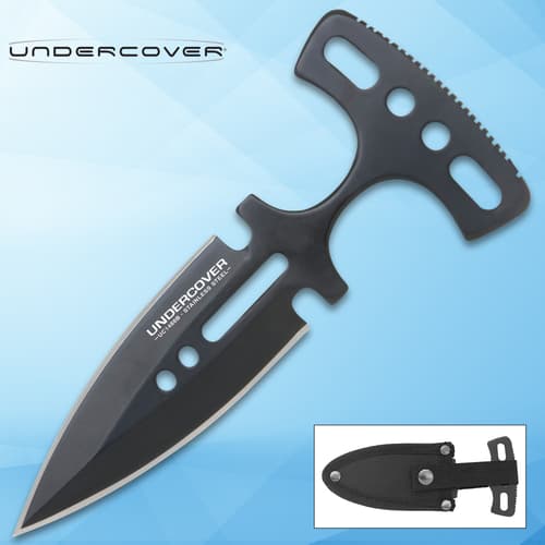 Black push dagger with sheath on blue background